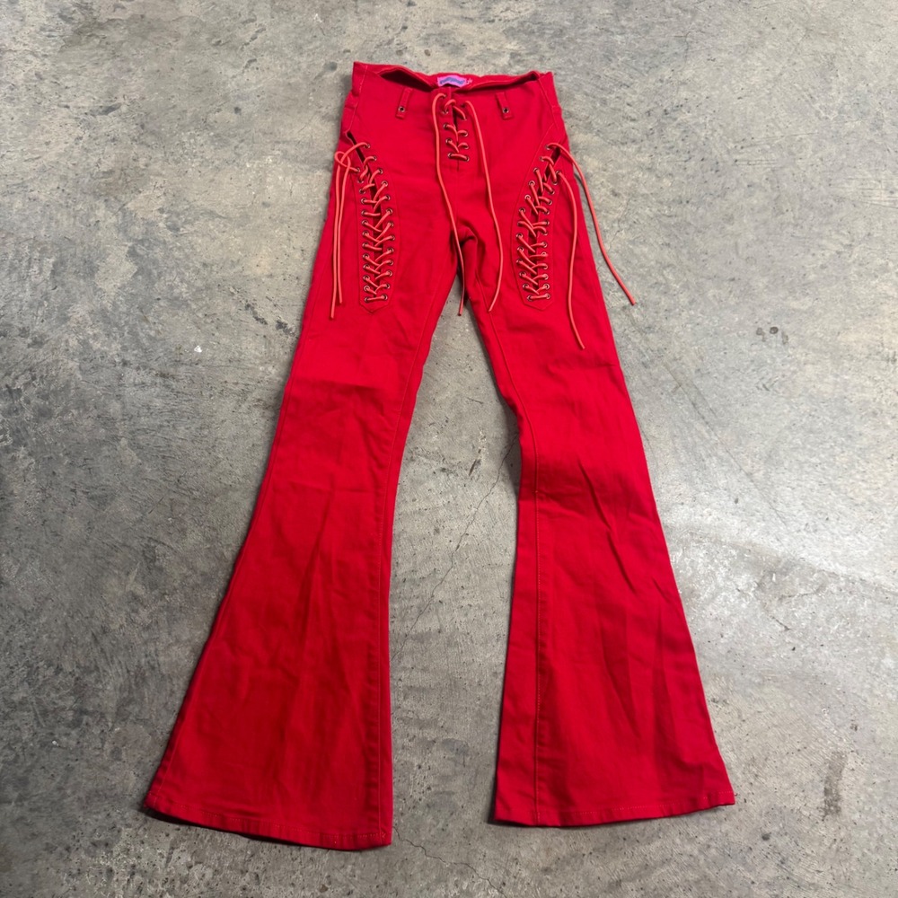Edikted Women's Red Lace Up Flare Jean Pants S/S Western Festival Y2k Grunge